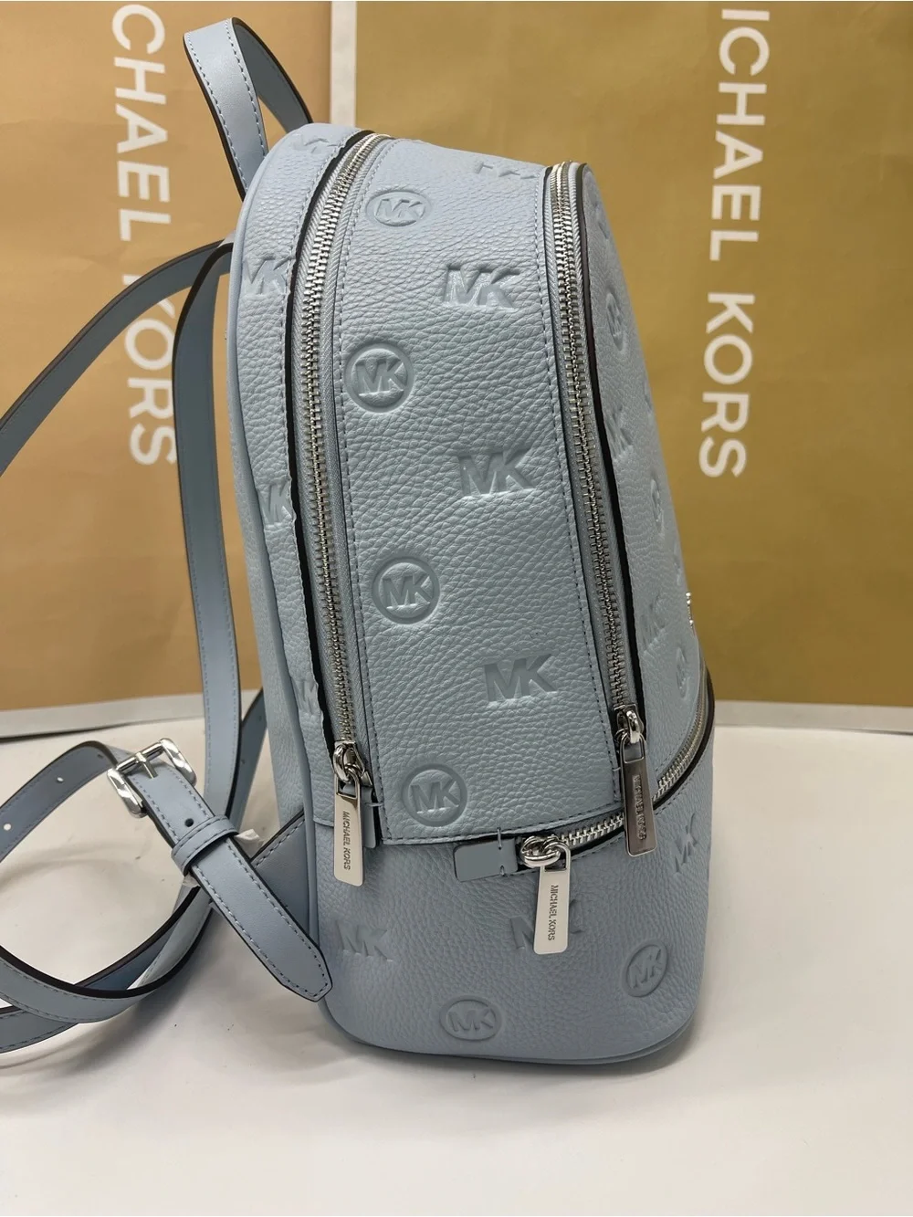 Michael Kors Rhea Medium Zip Logo Debossed Backpack Pale Ocean NWT